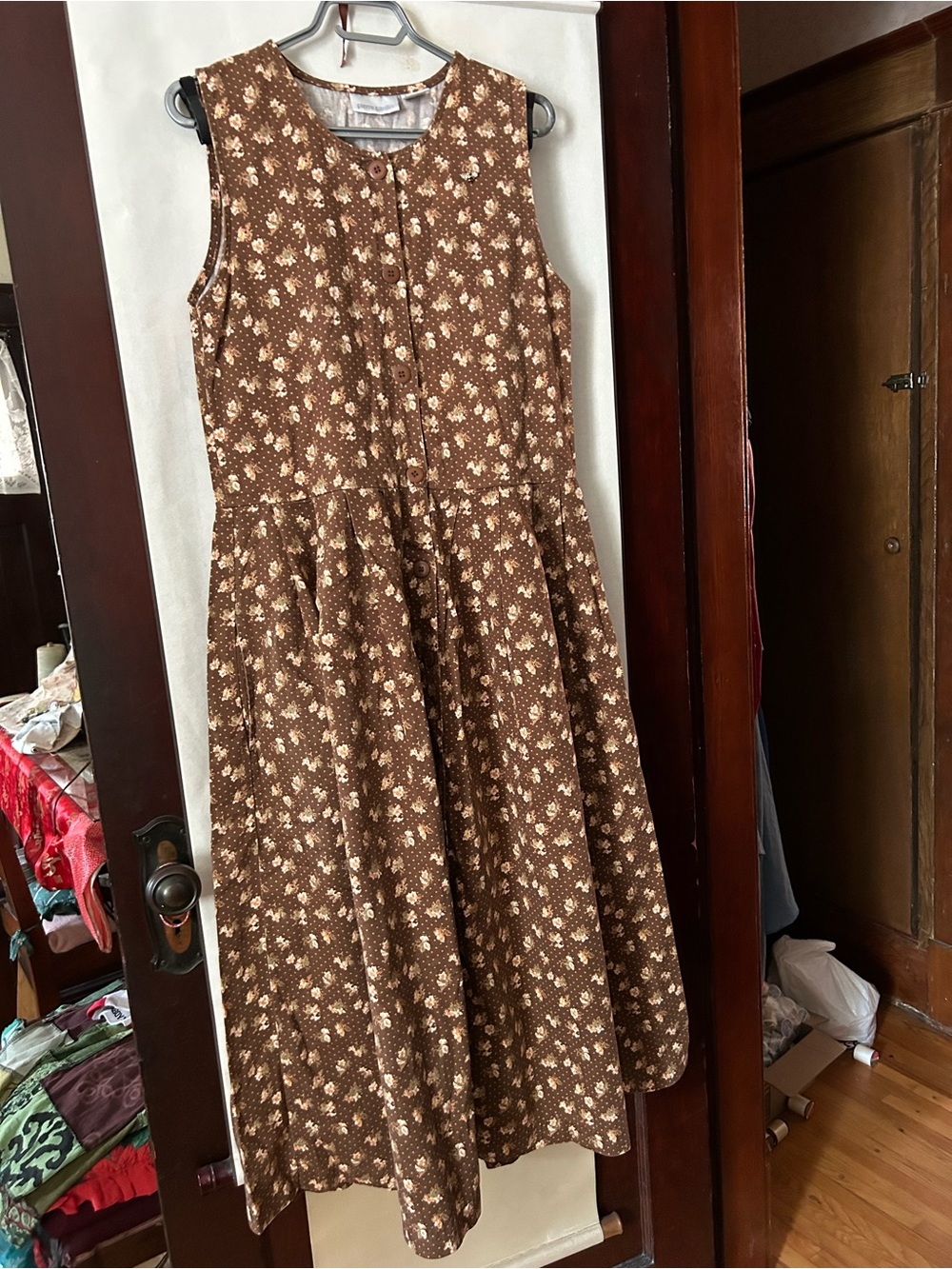 Pierre Cardin Brown Floral Button-Front 100% Cotton Dress, small Vintage 90s